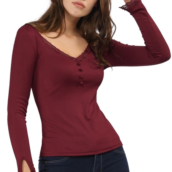 Allegra K Tops - NWT ALLEGRA K BURGUNDY BUTTON LACE DEEP V TOP SZ S